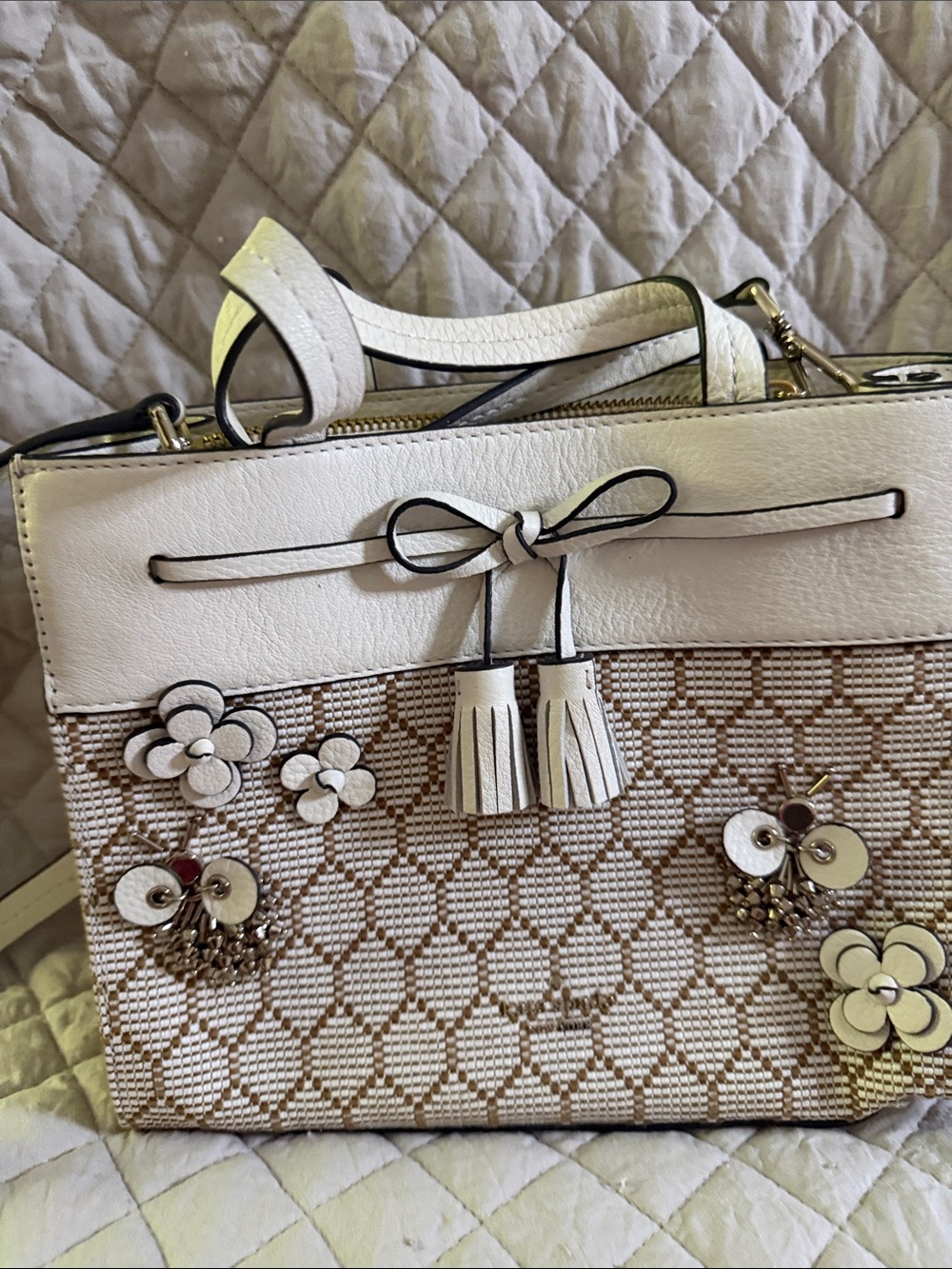 kate spade White & Beige Floral Appliqué Top-Handle Satchel